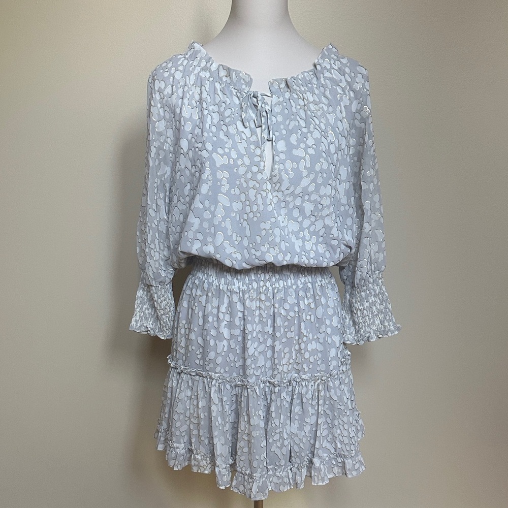 Buddy Love Bronx Gray Gold Metallic Leopard Print Off Shoulder Ruffle Dress M
